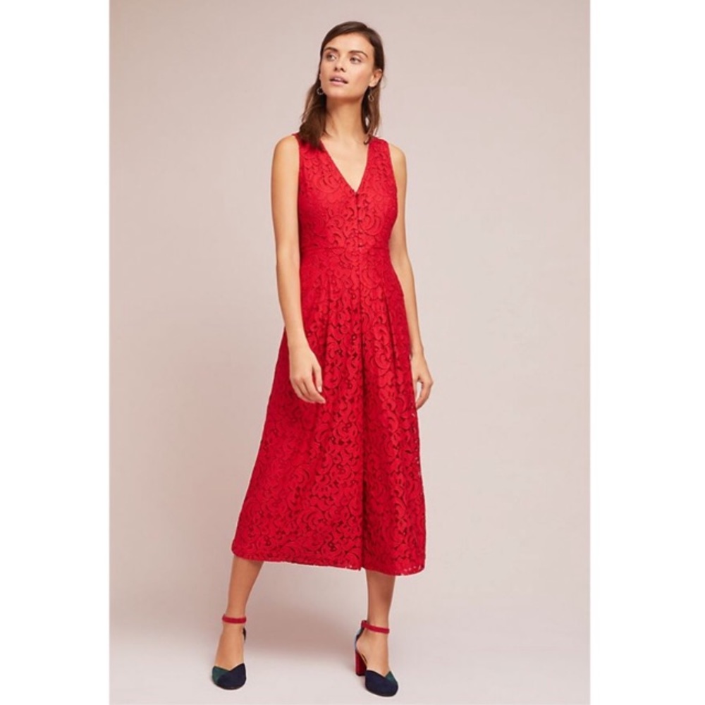anthro jaeda red lace wide leg jumpsuit